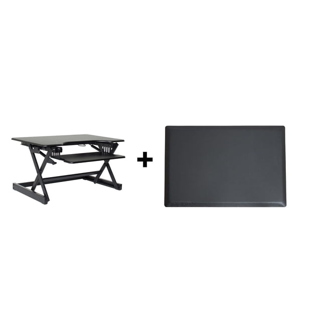 Rocelco 32" Height Adjustable Standing Desk Converter BUNDLE - Sit Stand Computer Workstation Riser with Anti Fatigue Mat - Dual Monitor Retractable Keyboard Tray Gas Spring (Black)