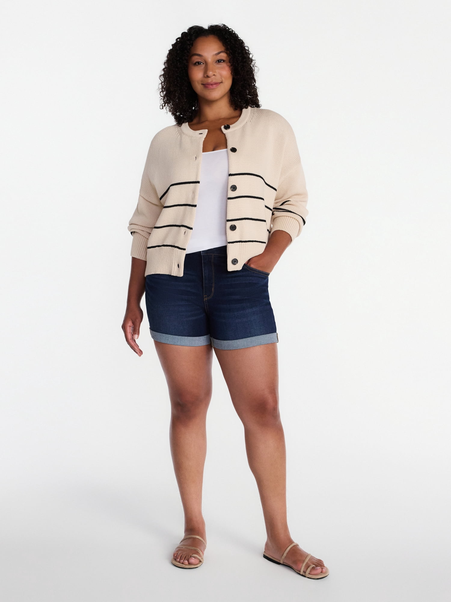 Time and Tru Women's Mid Rise Roll Cuff Denim Shorts, 4" Inseam, Sizes 0-20