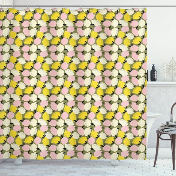 Lemon Shower Curtain, Citrus Fruit Simplistic Composition Winter Season Harvest Pattern, Fabric Bathroom Set with Hooks, 69W X 84L Inches Extra Long, Yellow Pale Pink Cream Khaki, by Ambesonne