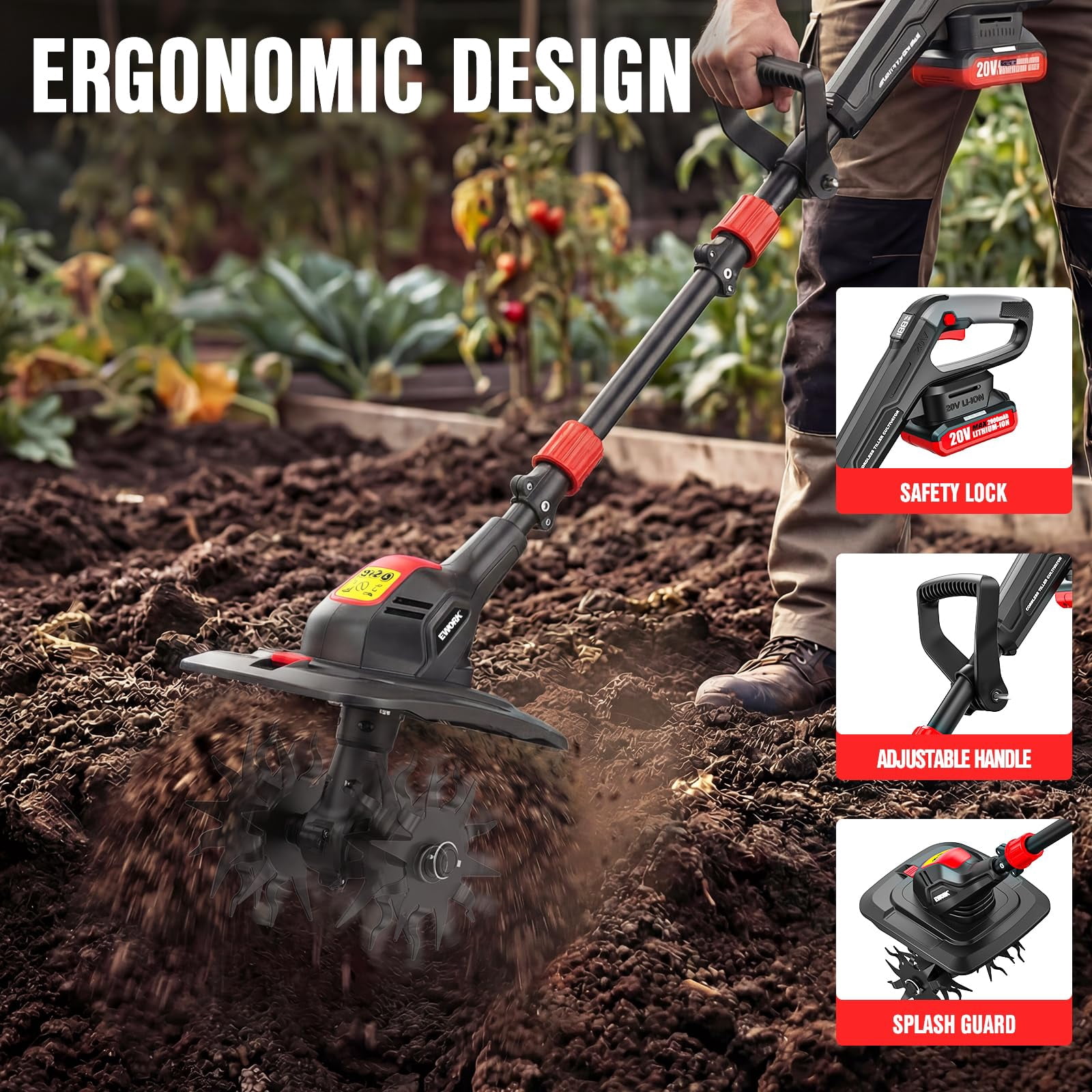 EWORK 20V Cordless Tiller Cultivator with 2 × 2.0Ah Batteries & Fast Charger, 9" Width 7" Depth Electric Garden Rototiller for Yard Lawn Soil Cultivation