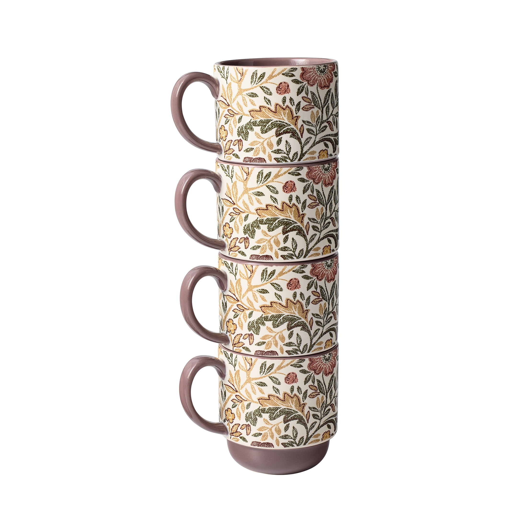 Better Homes & Gardens Edith Vine Floral Stoneware Stacking Mugs with Metal Storage Rack, 5-Piece Set, 14 oz