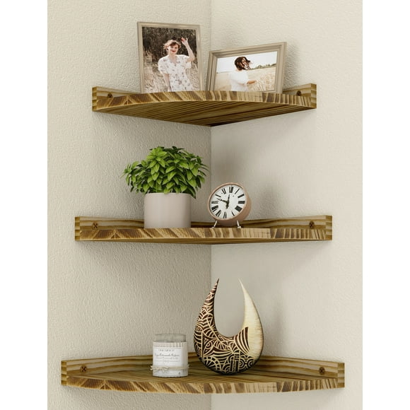 Afuly Floating Corner Shelves for Wall, Rustic Solid Brown Wood Wall Mounted Corner Shelf, 3 Set