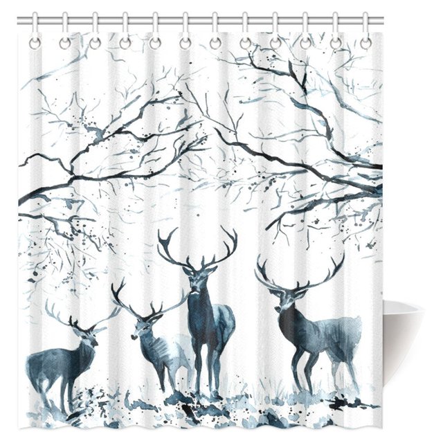 Cortina de Ducha ABPHQTO Decoración Navideña Pintura Ciervo en el Bosque 160x180 cm