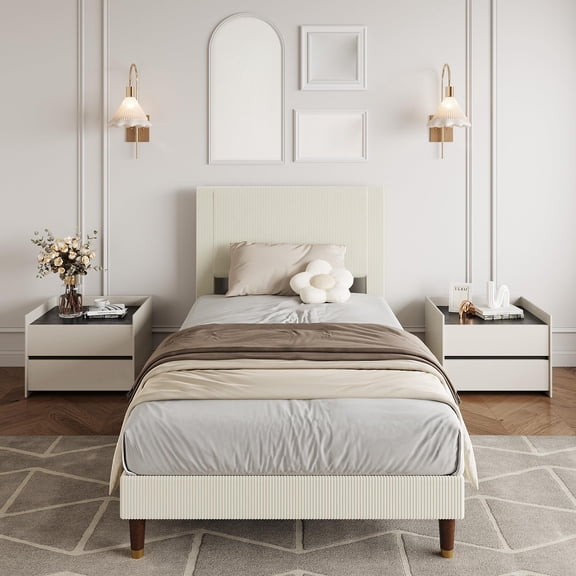 Full Size Bed Frame with Headboard, Modern Platform Bed with Wooden Slats Support, No Box Spring Needed & Noise Free, Easy Assembly, Beige