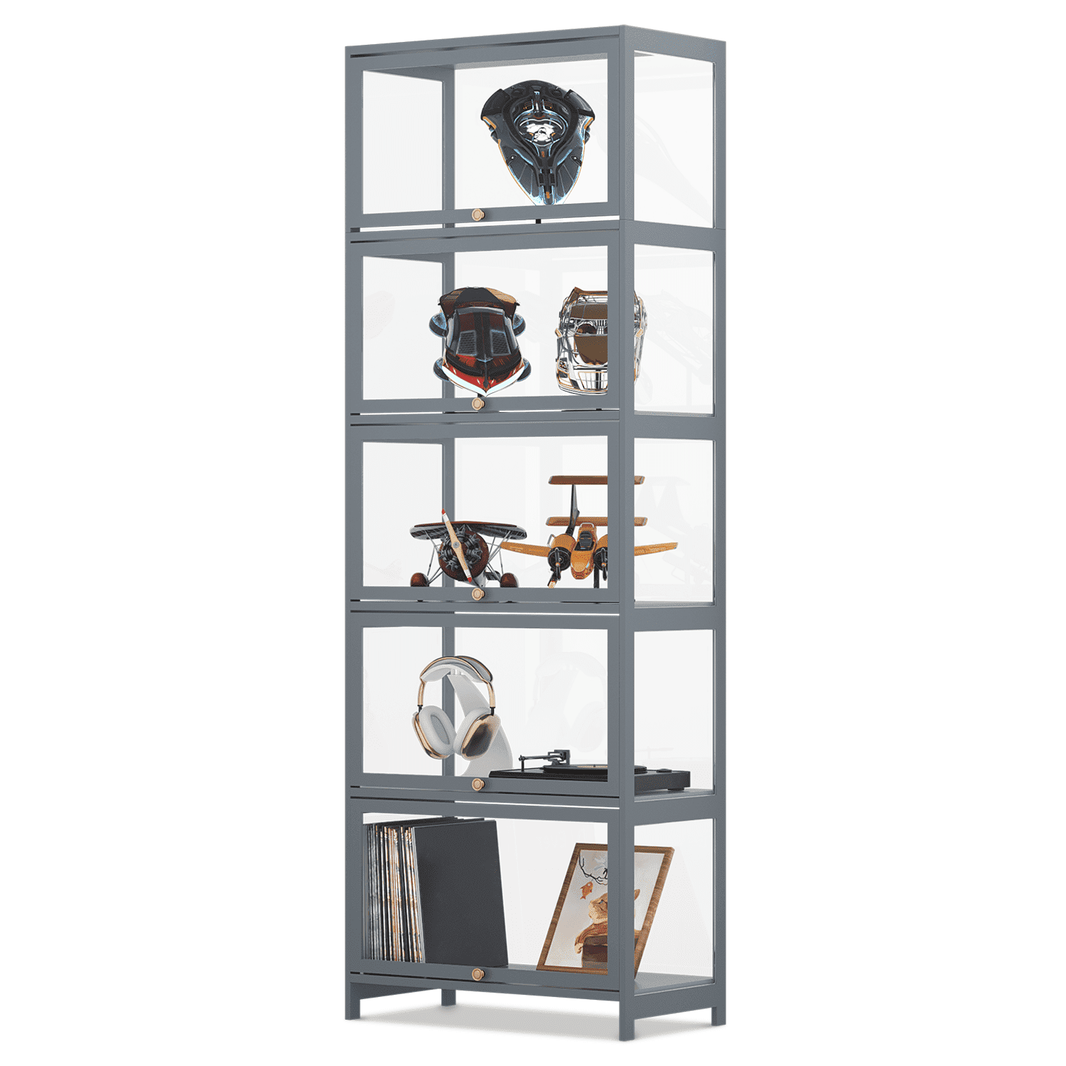 Magshion Modern 67.5" 5-Tier Shelf Display Cabinet with Acrylic Flip-Up Door and Metal Handle, Curio Cabinet Collection Display Case, Floor Standing Showcase Organizer for Home Office