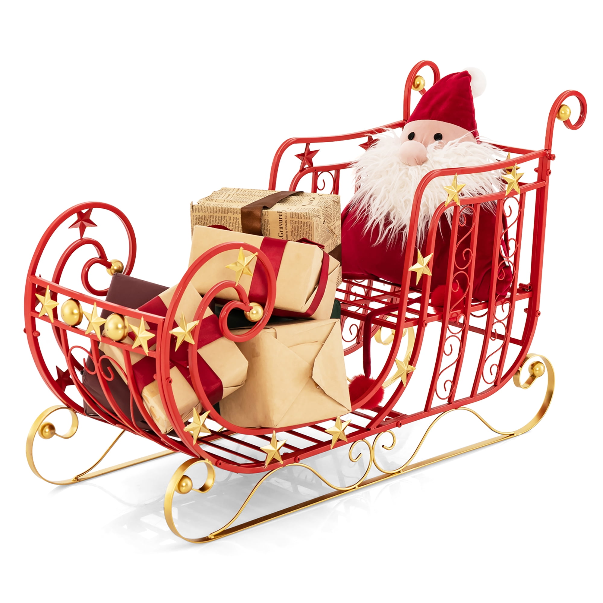 Gymax Christmas Metal Sleigh Large Red Santa Sleigh Decoration w
