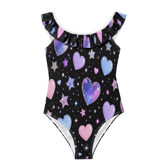 Girls Ruffled One Piece Swimsuit Summer Beach Vacation Swimwear Tank Swimsuit Hearts and Stars Scattered Throughout