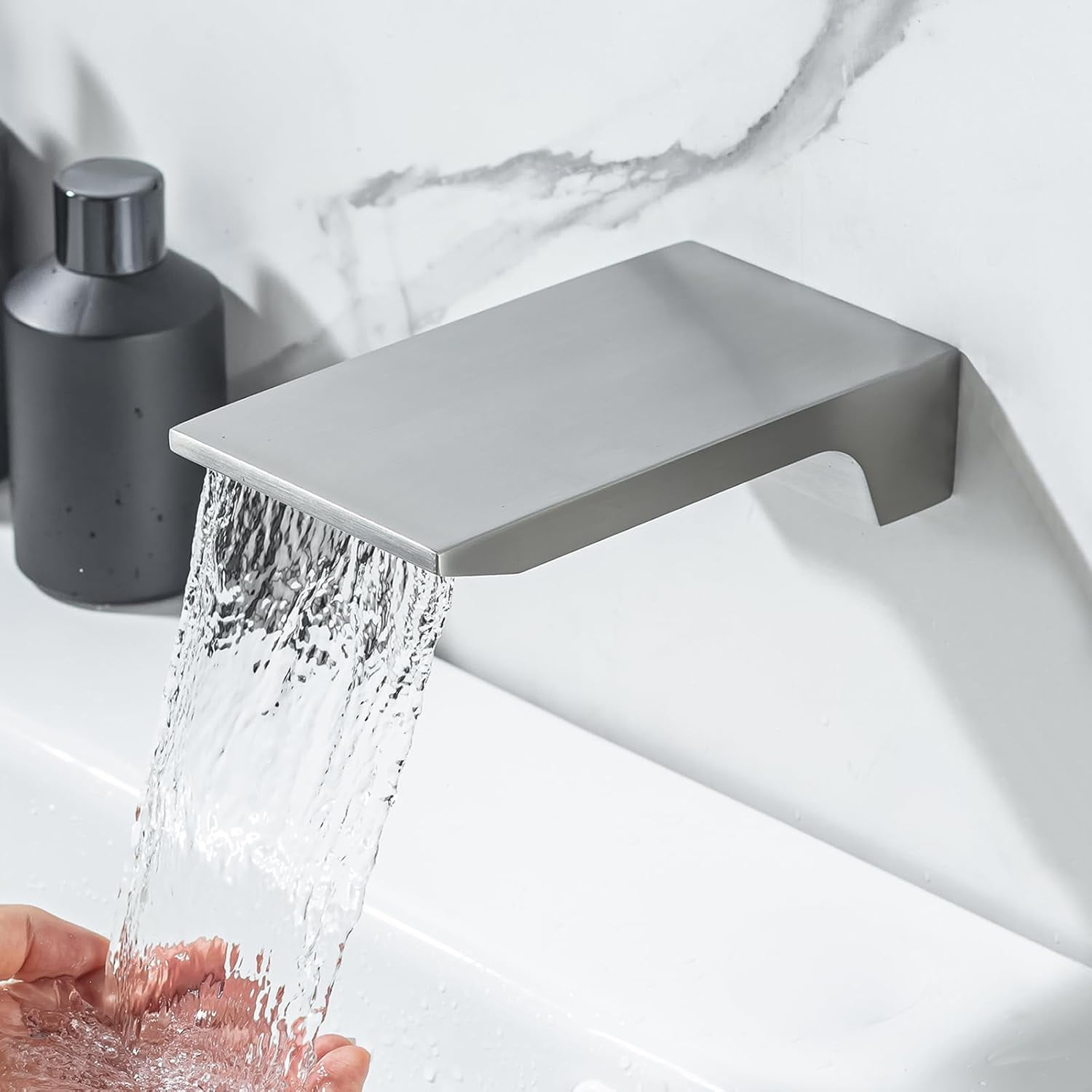 ABCISI Waterfall Tub Spout, Wall Mount Waterfall Bathroom Bathtub Tub Faucet Replacement, Roman Tub Filler Faucet Stainless Steel Solid Bath Tub Sprayer, High Flow Shower Spout, Brushed Nickel