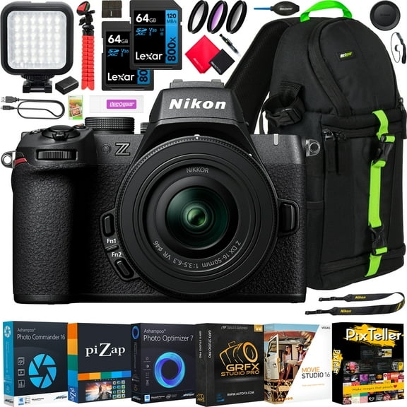 Nikon Z50II Mirrorless Camera 4K DX Body with 16-50mm f/3.5-6.3 VR Lens Kit 1786 Bundle with Deco Gear Photography Backpack  LED   Pack of 2 64GB Memory Cards   Software & Accessories