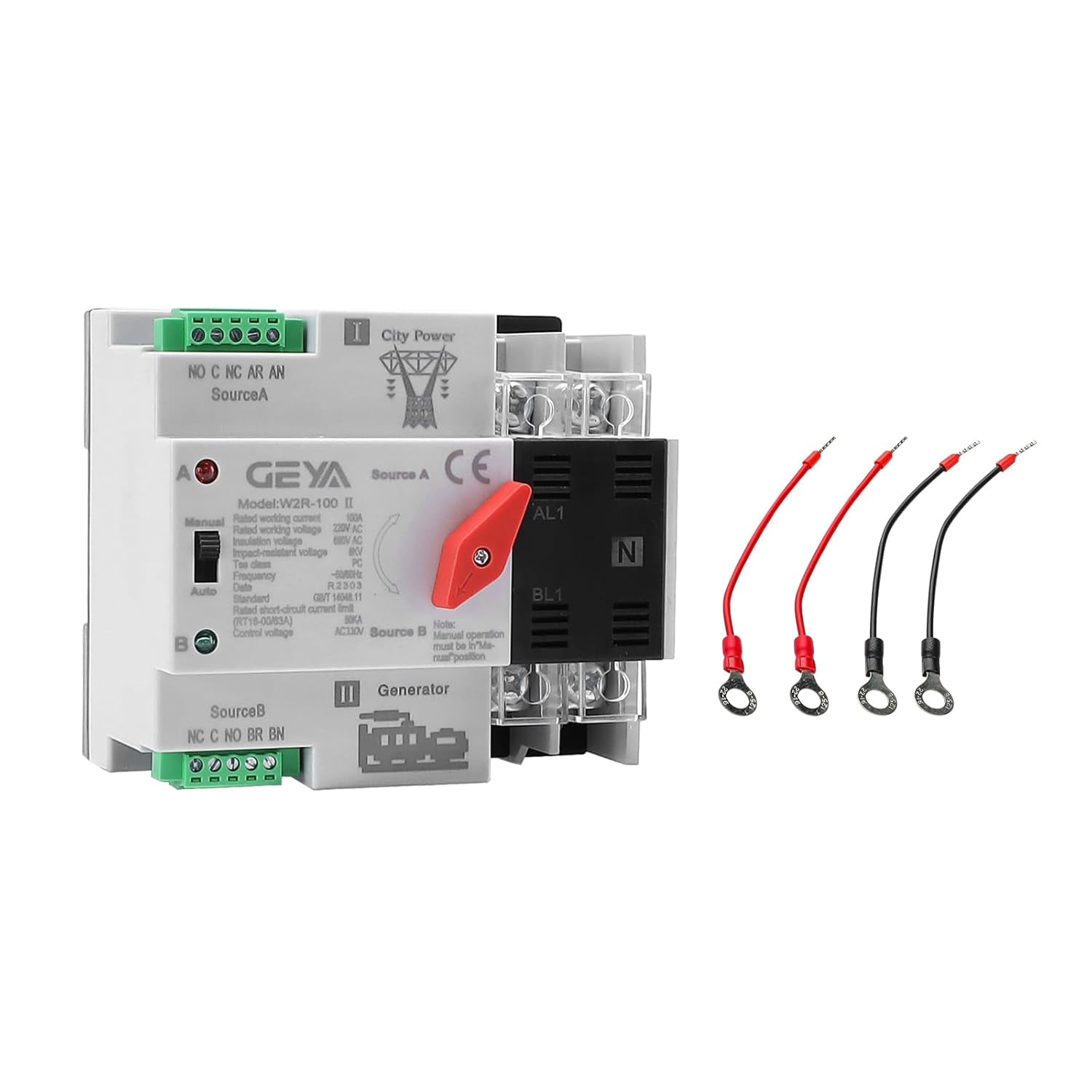 Mini ATS Automatic Transfer Switch 100A AC 220V, IGEYAPA 2POLE 100 amp ATS Dual Power Switch for Home Generator, Din Rail Mounted Controller Electrical Type RV Fast Transfer (W2R 2P 100A 220V) C2