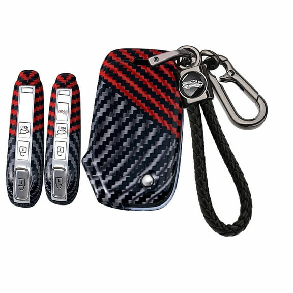 Carbon Fiber Pattern 3/4 Button Flip Key Fob Cover Compatible with Kia K5 2023 2024 Forte Seltos Soul Sportage Sorento Cerato Keyless Key Case with Leather Keychain