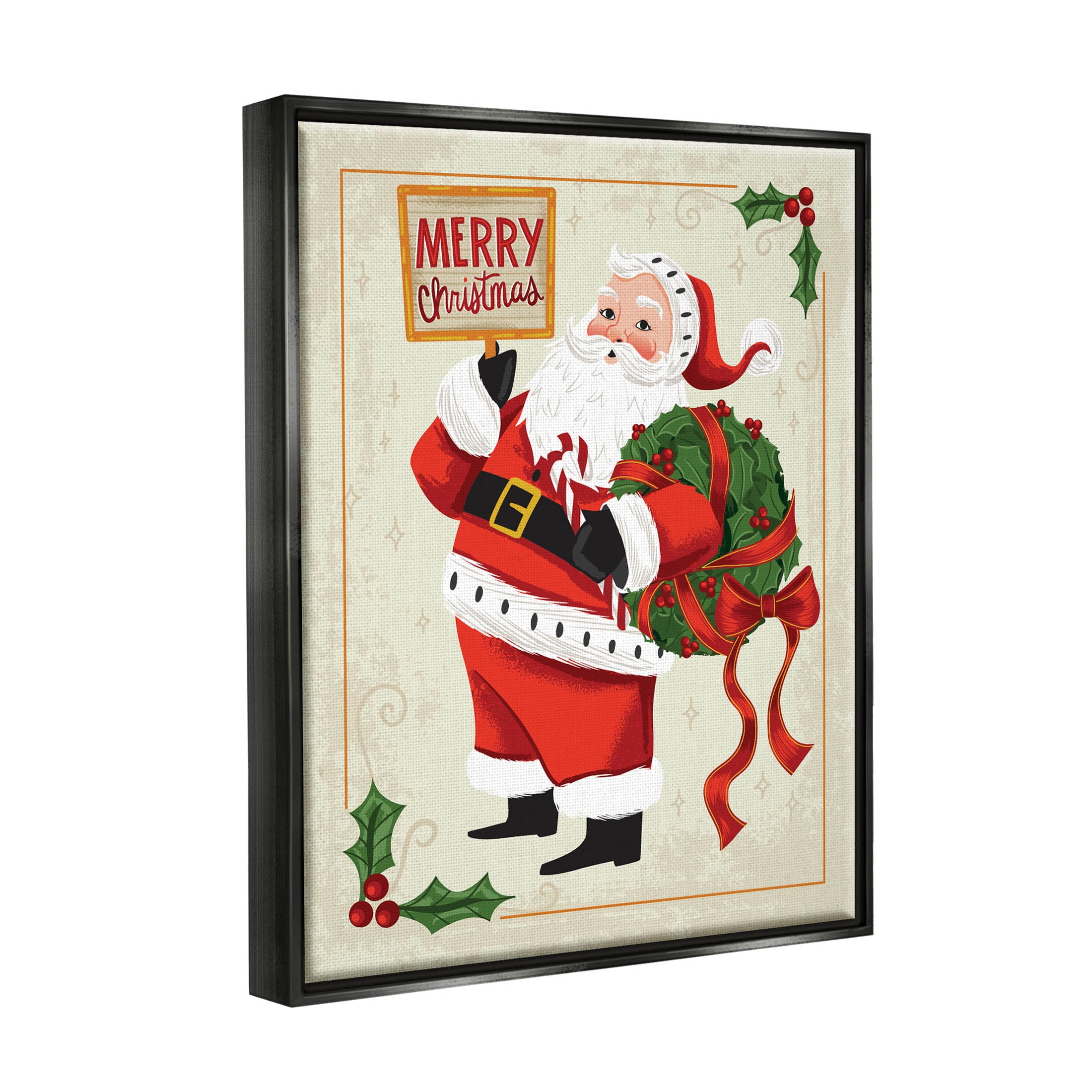 Merry Christmas Vintage Santa Holiday Graphic Art Jet Black Framed Art Print Wall Art