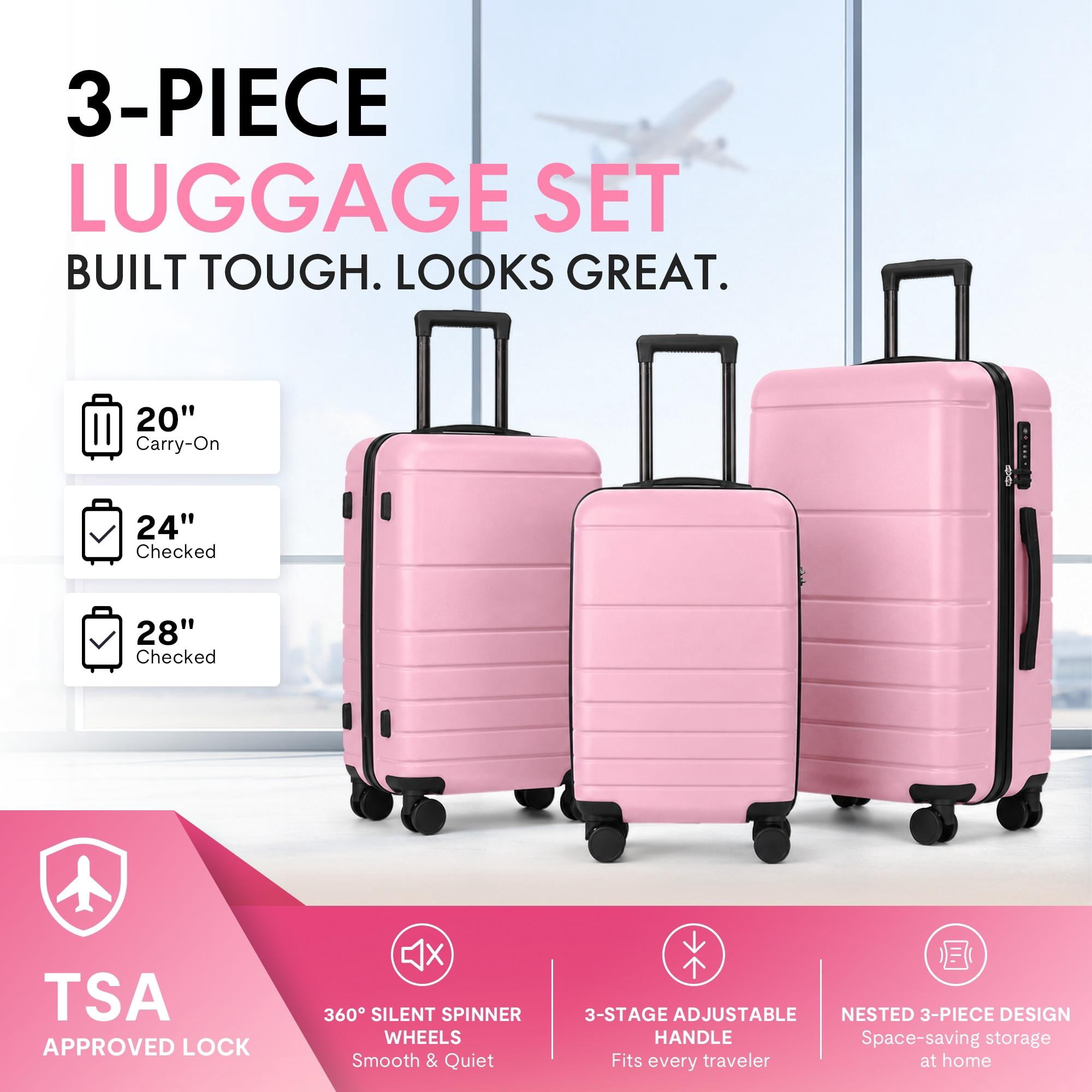 3-Piece ABS Hardshell Luggage Set, Lightweight Scratch-Resistant Suitcases with Silent Spinner Wheels & TSA Lock, Sakura Pink