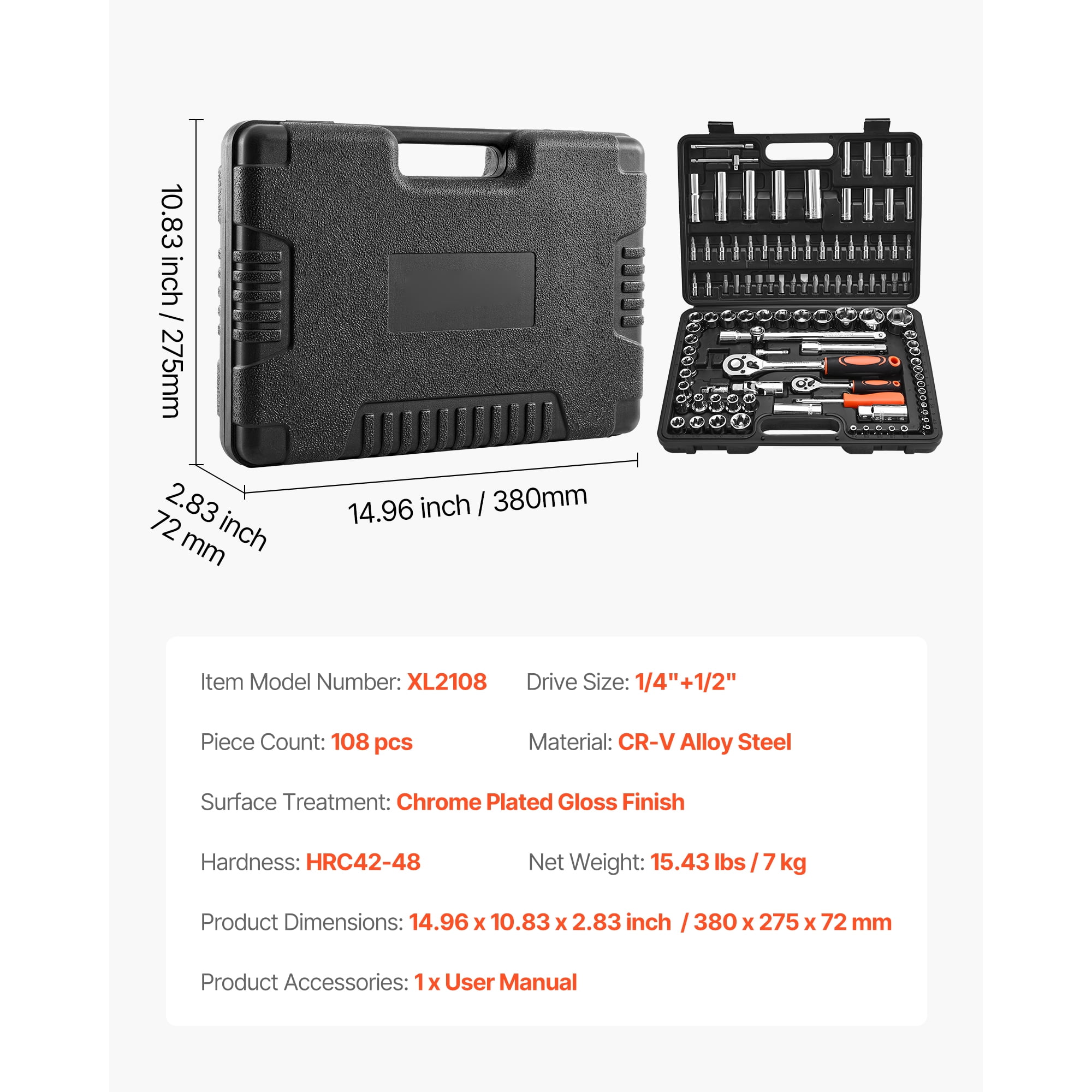 KFFKFF 108-Piece Socket and Ratchet Set, 1/4 & 1/2 Inch Drive, Metric Sizes 4-32 mm, Mechanic Tool Kit with Bits, Accessories, Durable Storage Case, CR-V Steel, Ideal for Automotive Maintenance