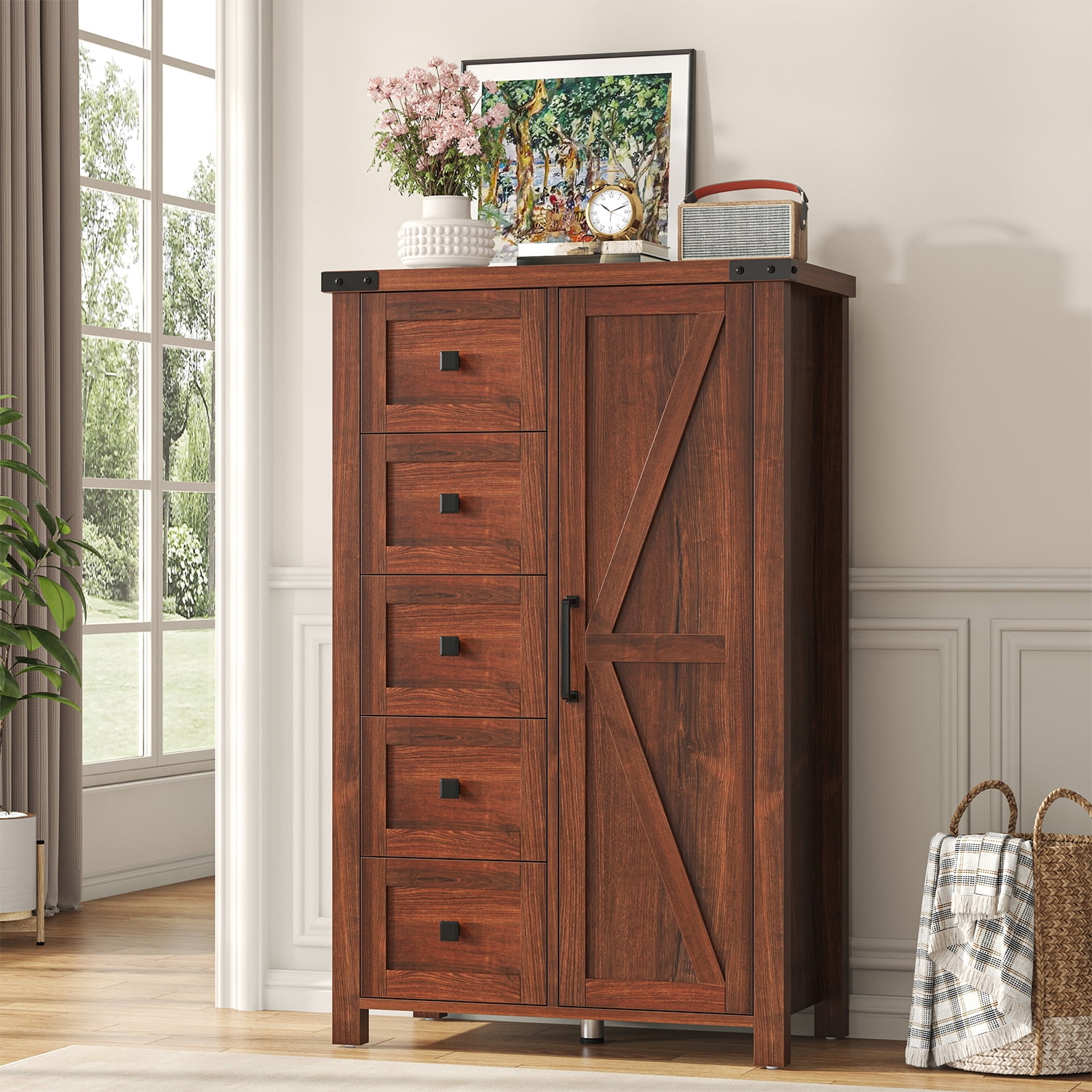 Winkalon 5 Drawers Dresser Chests for Home Bedroom, Farmhouse Wood Rustic Tall Chest of Drawers, Pull Storage Cabinet,Brown