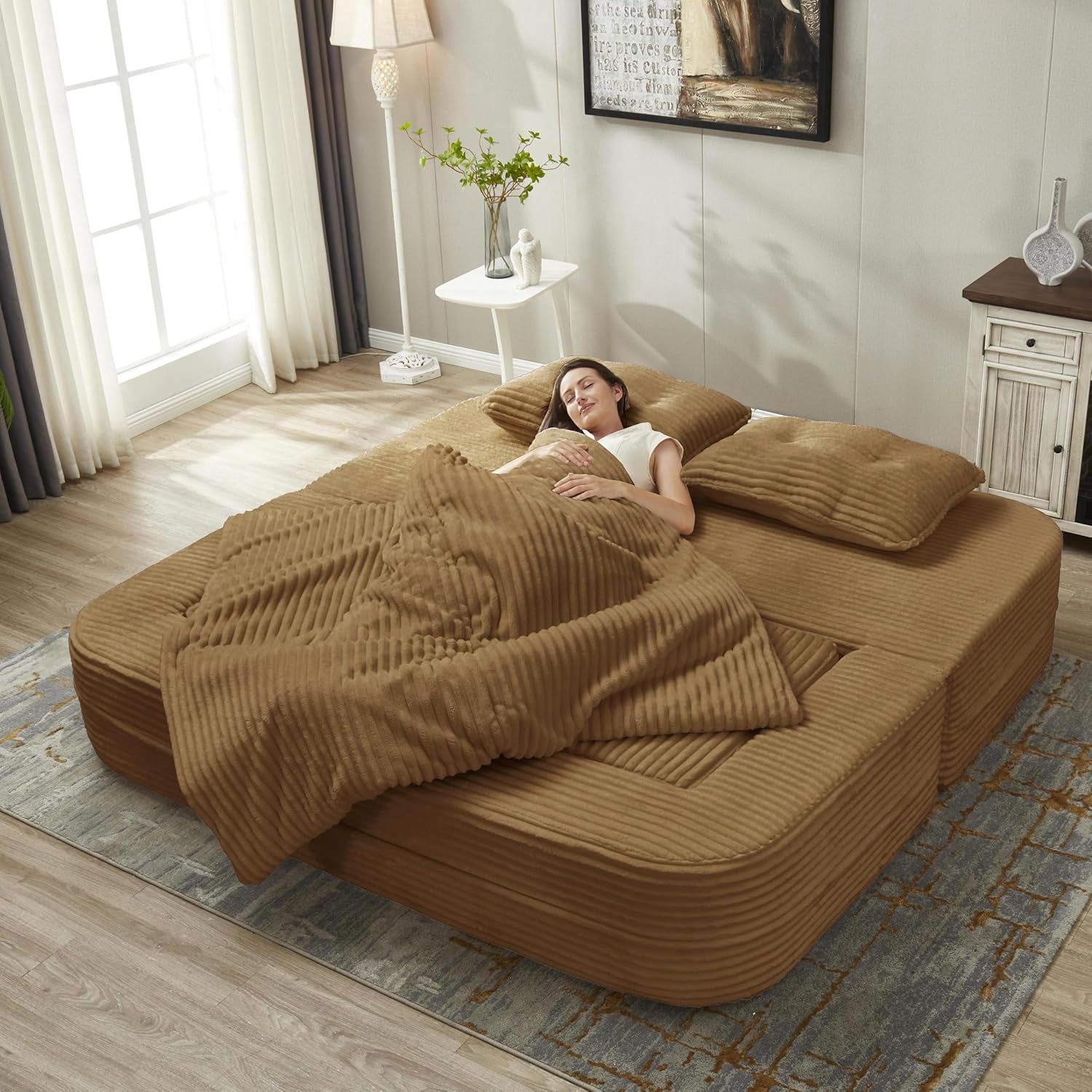 80" Folding Sofa Bed King Sleeper Sofa with Chaise Lounge, 2-in-1 Convertible Corduroy Boneless Couch with Blanket, Modern Loveseat Couches for Living Room, No Assembly Couch, Camel