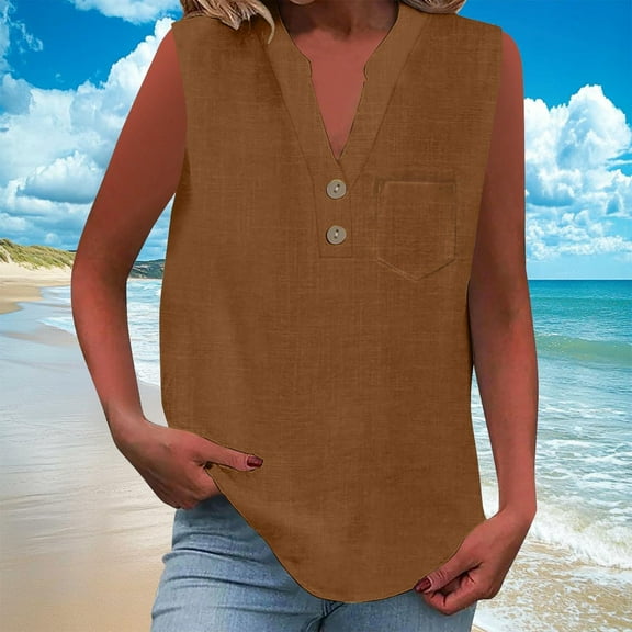 Tdoqot Womens Tank Tops with Pocket- Casual Loose Fit V-Neck Summer Sleeveless Shirts Brown Size S-2XL
