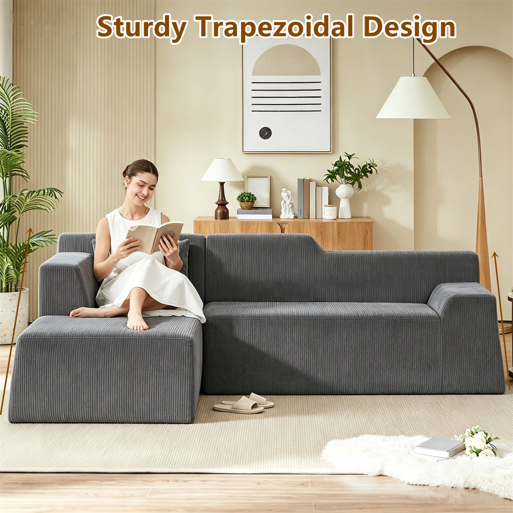 Aukfa 97" Cloud Sectional Sofa Tight Back Boneless Couch Modular L-Shaped Couch, Left Chaise Corduroy Sofa for Living Room, Gray