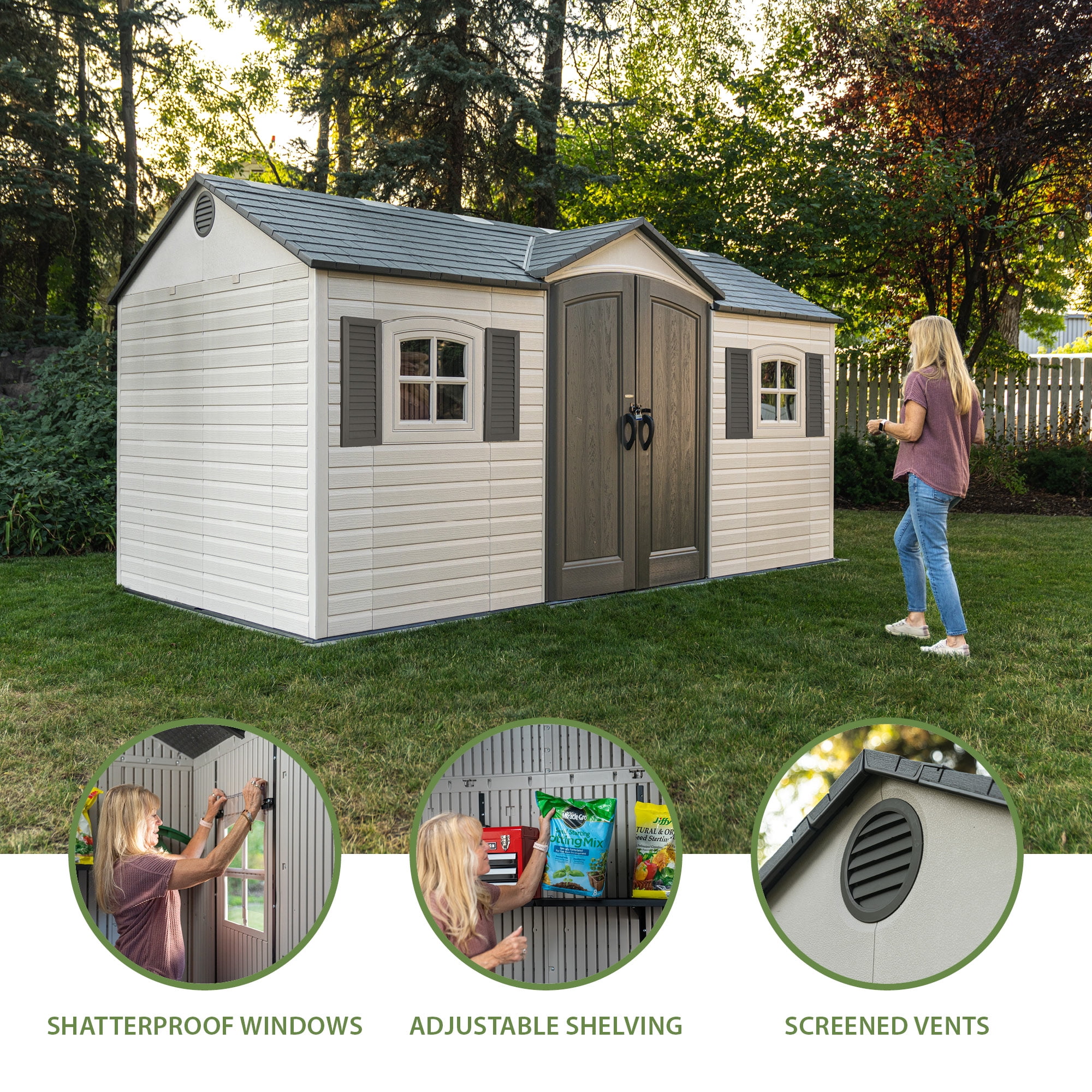 Lifetime Lockable DIY Polyethylene Outdoor Storage Shed, 106.5 sq. ft.,15' x 8' Tan & Gray (60465)