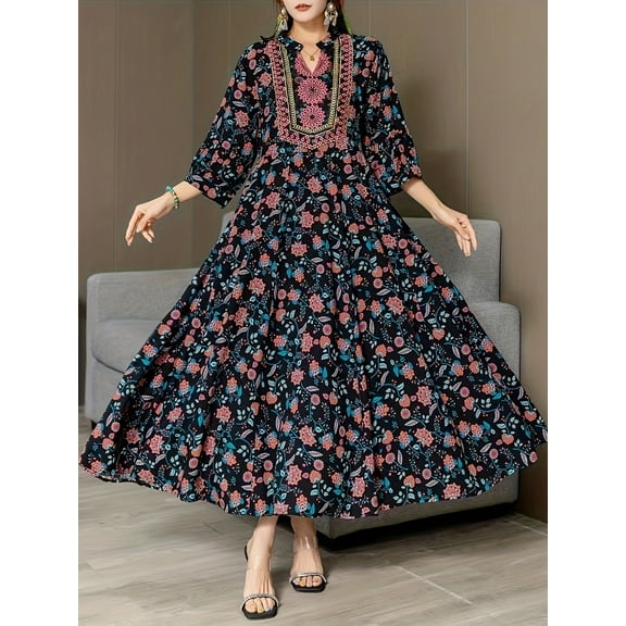 MORTTIC Women's Bohemian Floral Print Maxi Dress V-Neck Embroidered Long Sleeve Party Dress, S