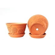 Set of 2 Raised Sunflower Embellished Natural Terracotta Garden Pot with Tray