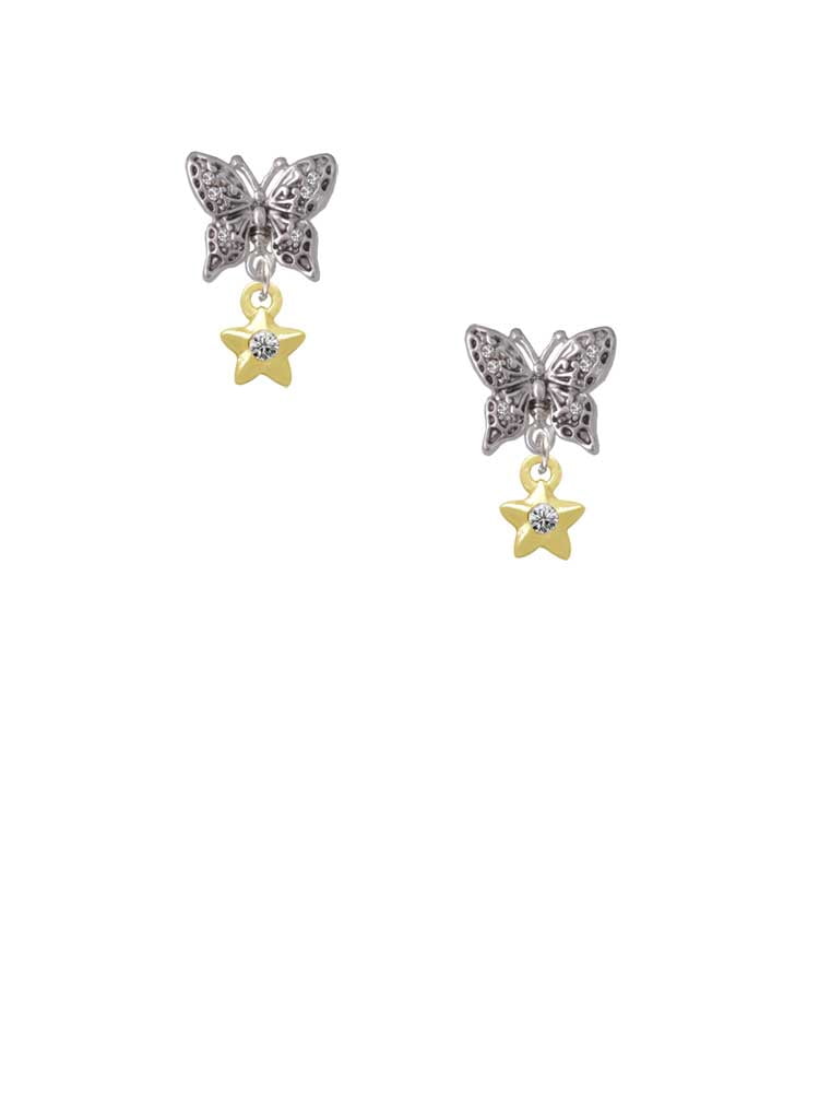 Delight Jewelry Goldtone Mini Star with Clear Crystal Silvertone Antiqued Butterfly Post Earrings