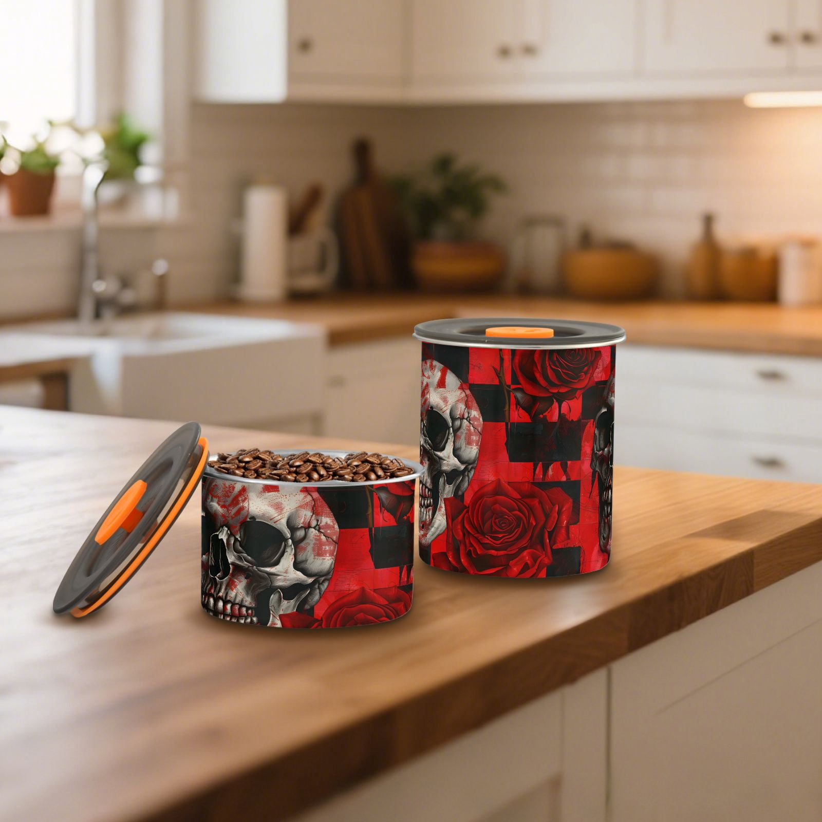 Skull Red Rose Flower Airtight Coffee Bean Canister 30oz Food Storage Containers with Lids For Gournd, Tea, Sugar, Flour, Rice, Cereal, Candy Cookie Jar
