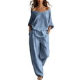 thumbnail image 2 of Sheghy Lounge Sets for Women Plus Size Women Casual Solid Boho 2 Piece Set Off Shoulder Loose Top & Wide Leg Pants Loungewear Vacation Outfit, 2 of 9