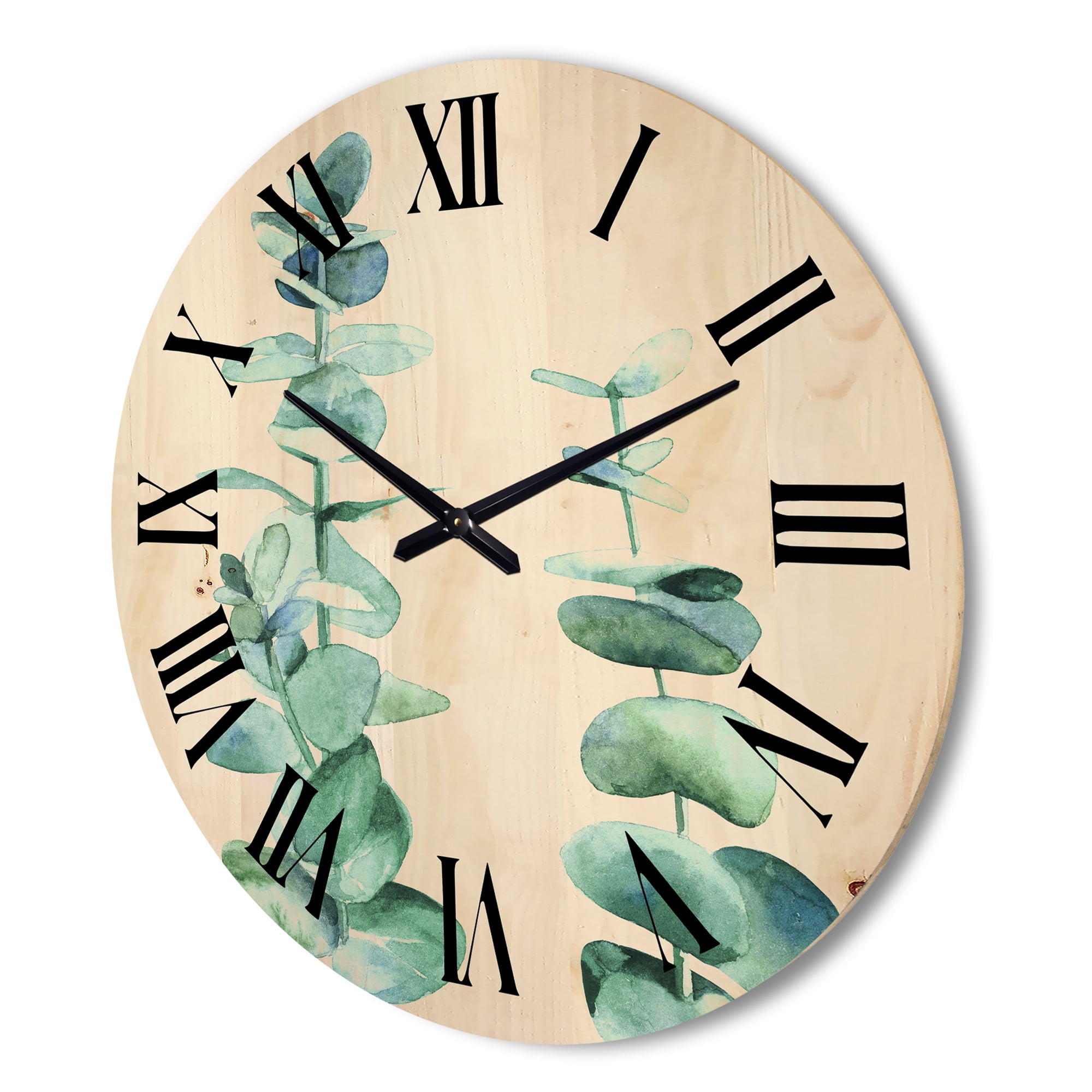 Designart 'Green Eucalyptus Branch' Tropical Wood Wall Clock