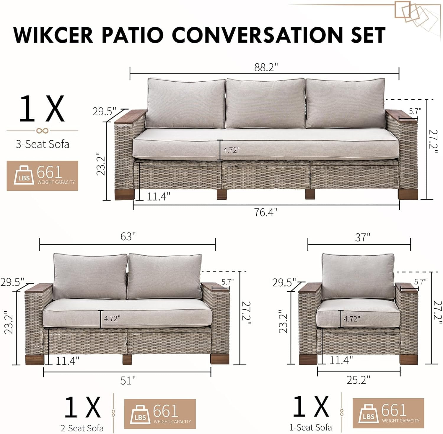 Jocisland Patio Furniture Set, 6 Piece Modular Rattan Outdoor Sectional Set with Washable Cushions, 3-Seat Outdoor Couch, 1 Loveseat, 1 Single Chair for Lawn Deck Backyard Garden, Beige