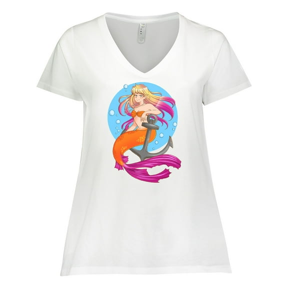 Inktastic Nautical Orange and Pink Mermaid Sitting on Anchor Women's Plus Size V-Neck T-Shirt