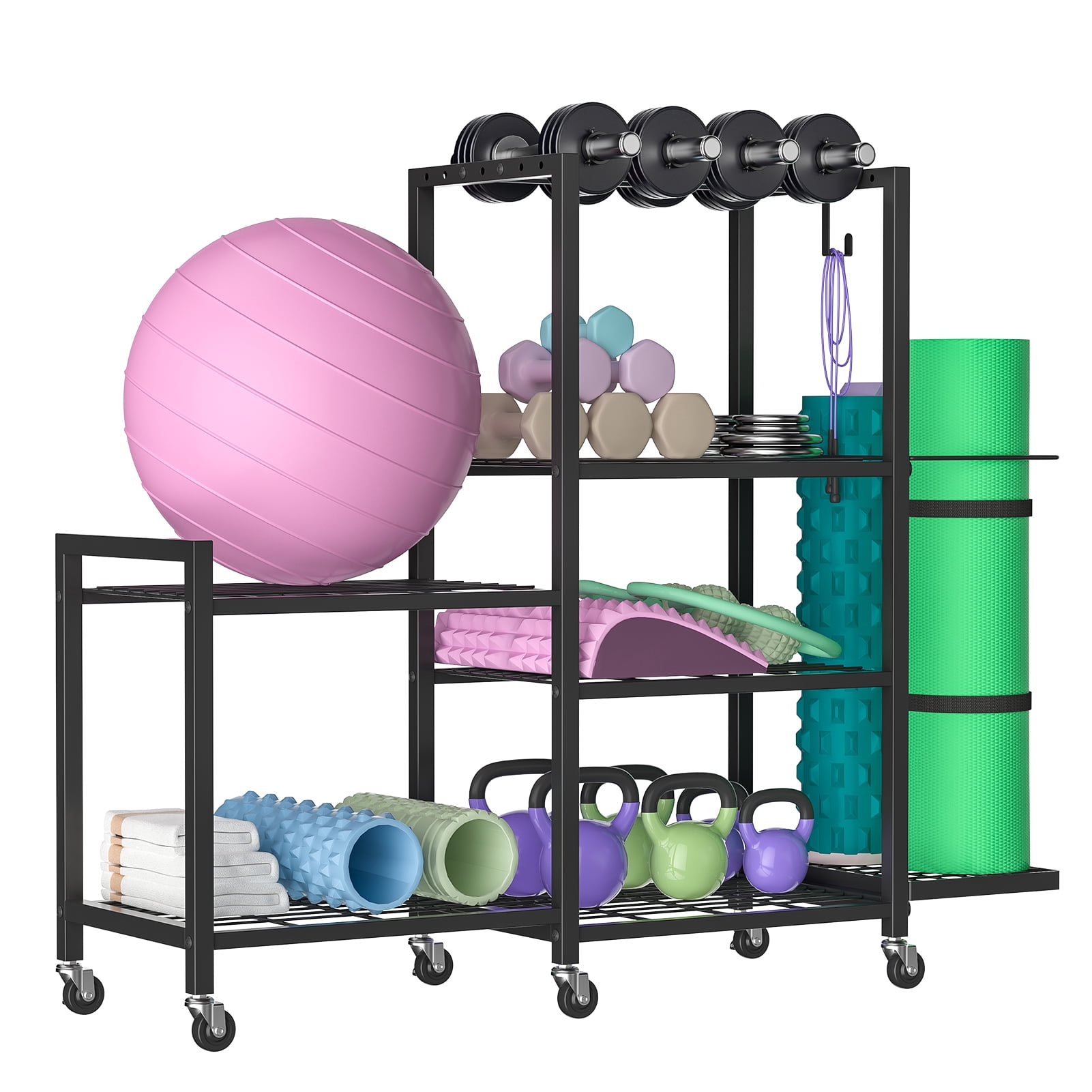 Home Gym Storage Rack with Wheels, Adjustable Dumbbell Storage Yoga Mat Organizer, Multi-Purpose Fitness Equipment Stand