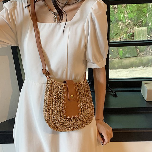 Bolsos de hombro para mujer Bolso bandolera tejido de verano de paja Bolsos tipo satchel de playa (Caqui)