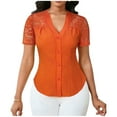 thumbnail image 2 of Xuyuer Women's Lace Patchwork Short Sleeve Blouse, Button V-Neck Casual Fashion Top Solid Color Shirt, 2 of 6