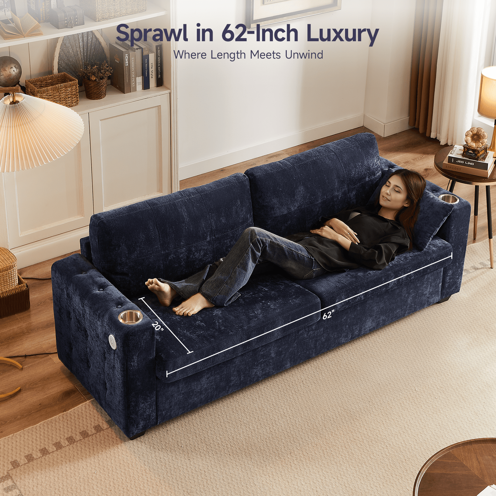 Onbrill Mid-Century Modern Chenille Sofa Bed with Full Size Memory Foam Mattress, USB Charging and Space-Saving Design, Blue