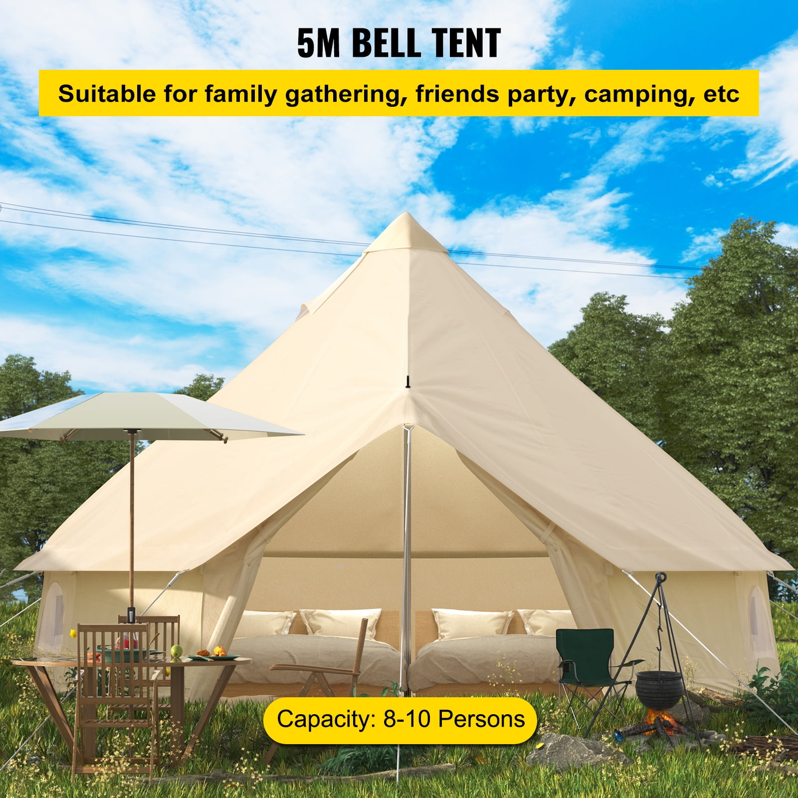 BENTISM 4-Season 8-10 People Large Waterproof Cotton Canvas Bell Tent With Stove for Camping Parties(5M Dia) Sansujyuku sansujyuku.com