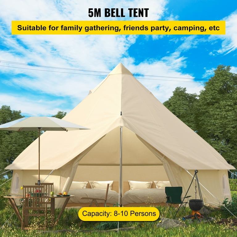 VEVORbrand Canvas Bell Tent 16.4ft Cotton Canvas Tent with Wall Stove Jacket Glamping Tent Waterproof Bell Tent for Family Camping Outdoor Hunting in
