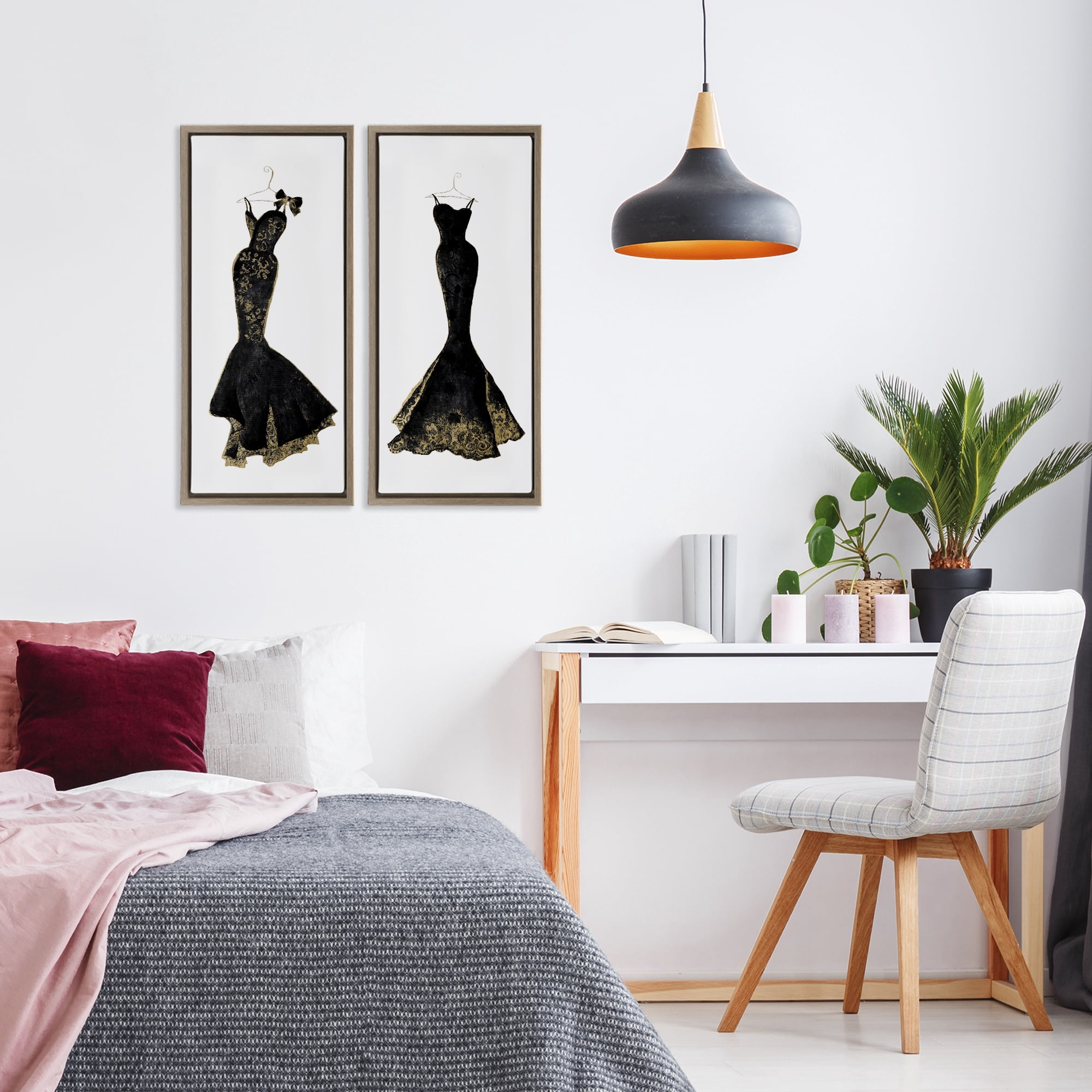 Stupell Industries Gilded Black Evening Gowns 2 Piece Brown Framed Floater Canvas Set, design by Janet Tava