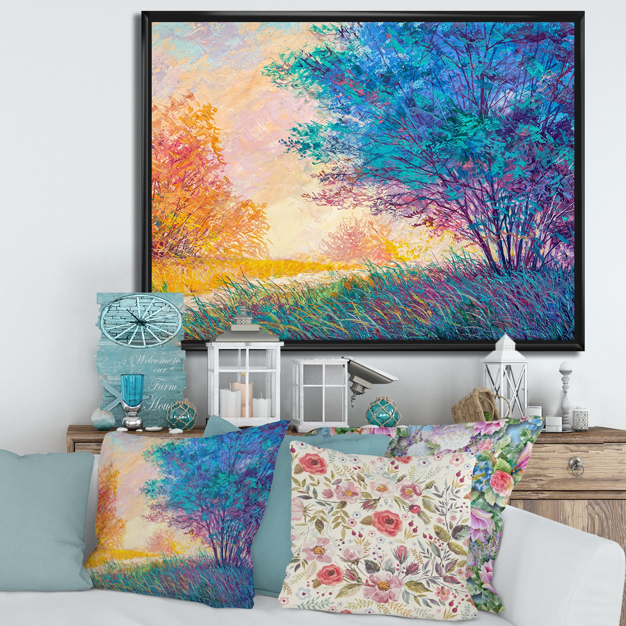Designart 'Sunset In Autumnal Forest Landscape' Traditional Framed Canvas Wall Art Print