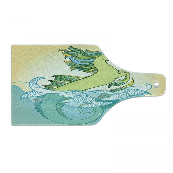 Animal Cutting Board, Abstract Japanese Hippocampus Fin in the Water Waves Art Pastel Colored Print, Decorative Tempered Glass Cutting and Serving Board, Wine Bottle Shape, Green Blue, by Ambesonne