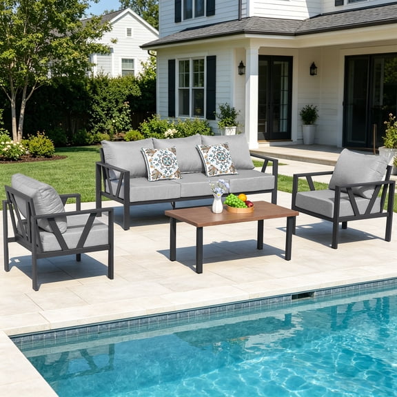 COMLAX FIELD Outdoor Patio Furniture Set, 4-Piece Metal Patio Conversation Set with Thick Cushions