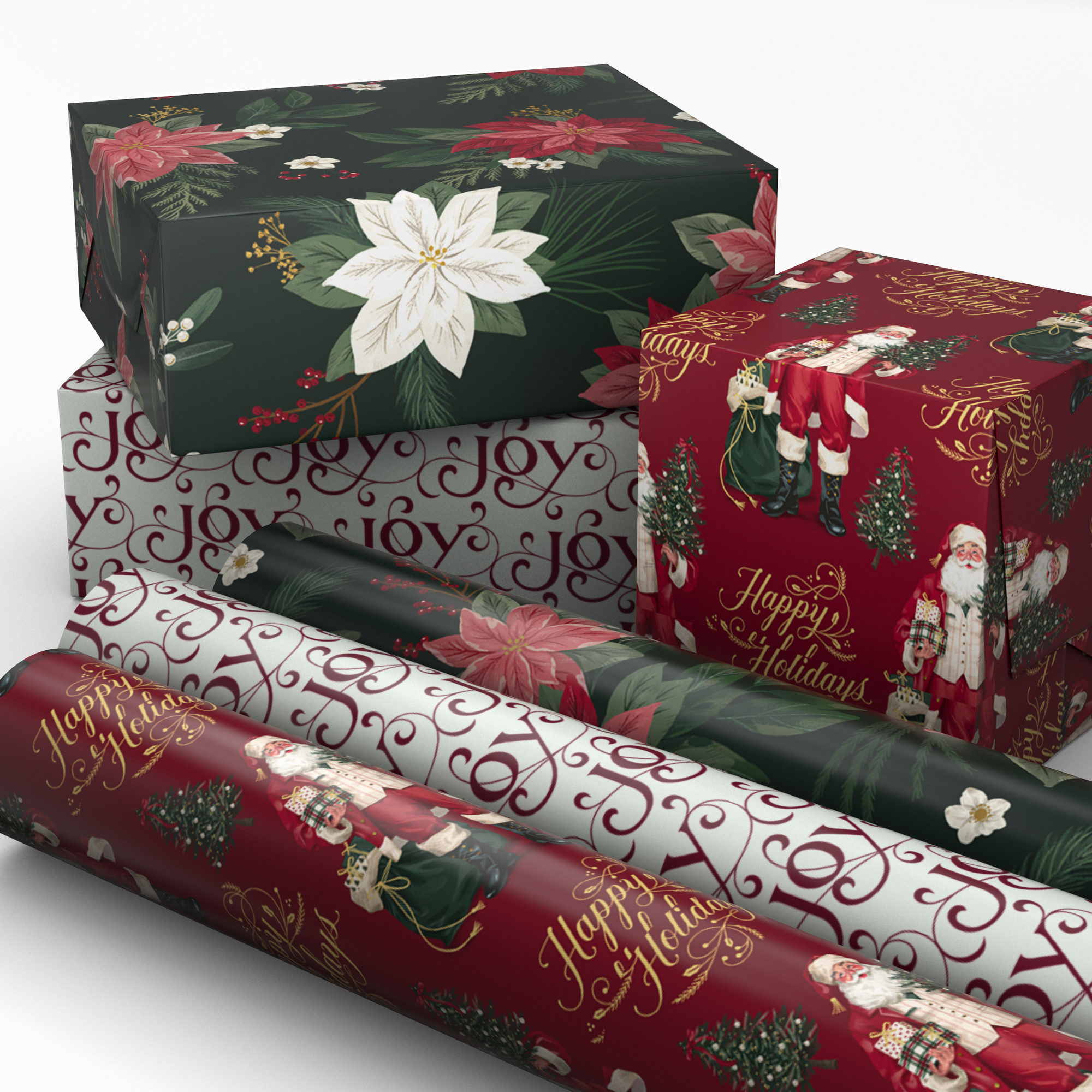 Hallmark Elegant Christmas Wrapping Paper Rolls (3 Rolls: 120 Sq. Ft. Total) Red "Joy" on White, Santa Claus and "Happy Holidays" on Red, Painted Poinsettia on Hunter Green