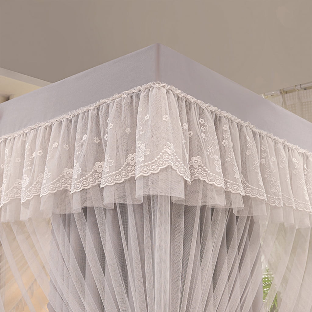 4 Corners Post Solid Color Bed Canopy Curtain Double Layer-Curtain & Ruffle Princess Mosquito Net 4 Opening Netting for Girls Teens Or Adults Bedroom Decoration, Grey, California King