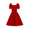 thumbnail image 3 of Cavosen Vintage Dresses for Women 50s Midi Dresses V Neck Retro Plain Tea Dress Short Puff Sleeve Knee Length Party Dress A Line Cocktail Dress Elastic Waist Off Shoulder Evening Prom Gown, 3 of 7