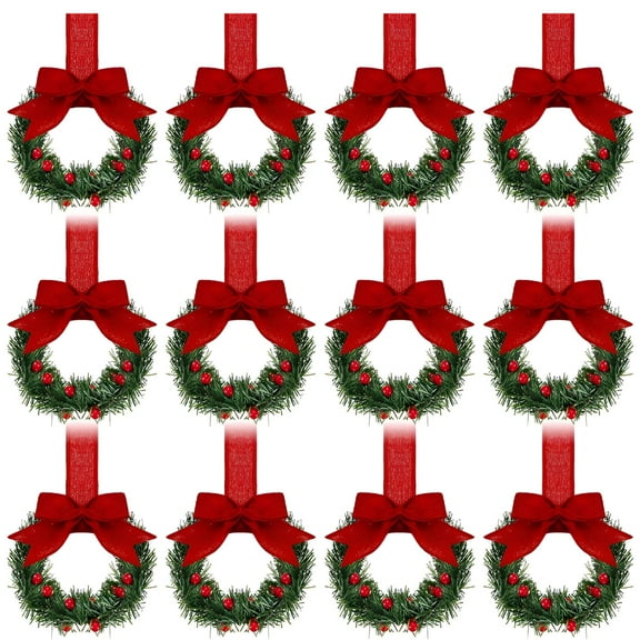 LAMIRO 12 Pcs Christmas Kitchen Cabinet Wreaths with Ribbon 5.12 Inch Mini Christmas Wreath Small Kitchen Wreath Greenery Wreath for Window Door (Red Classic Style)