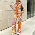 thumbnail image 4 of Retro Floral Print 2 Piece Outfits for Women Half Zip Stand Collar Sweatshirt Wide Leg Pants with Pockets Loose Fit Tracksuit Fall Travel Vacation Loungewear Set, 4XL, 4 of 9