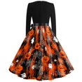 thumbnail image 5 of Halloween Dresses for Women Skeleton Candy Long Sleeve Cocktail Hepburn Retro Tea Length Dress V Neck 1950s Fall Classic Dresses with Belt L, 5 of 5