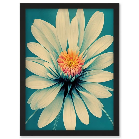Chrysanthemum Floral Bloom Macro Flower in Teal and Pink Artwork Framed Wall Art Print A4