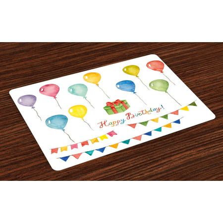 Birthday Placemats Set of 4 Watercolor Set for Celebration Flags Surprise Box Balloons and Happy Best Wishes, Washable Fabric Place Mats for Dining Room Kitchen Table Decor,Multicolor, by