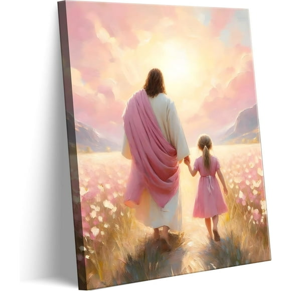 RAYZEL Jesus Walking With Girl Canvas Wall Art Christian The Way He Leads Wall Decor Picture I will walk With Christ Poster Print Religious God Art for Baby Girl Room Decoration Unframe: 20x24in